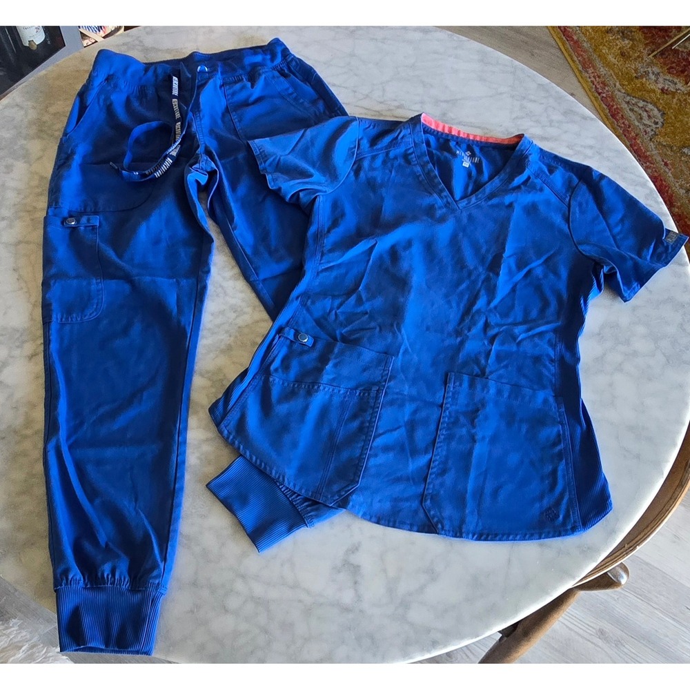 Med Couture Touch Women XS Royal Blue Scrub Set V-Neck Top & Jogger Pants 7459